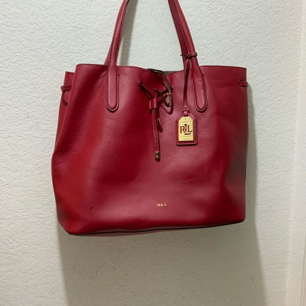 Ralph Lauren Red Leather Tote drawstring open top - Picture 2 of 11